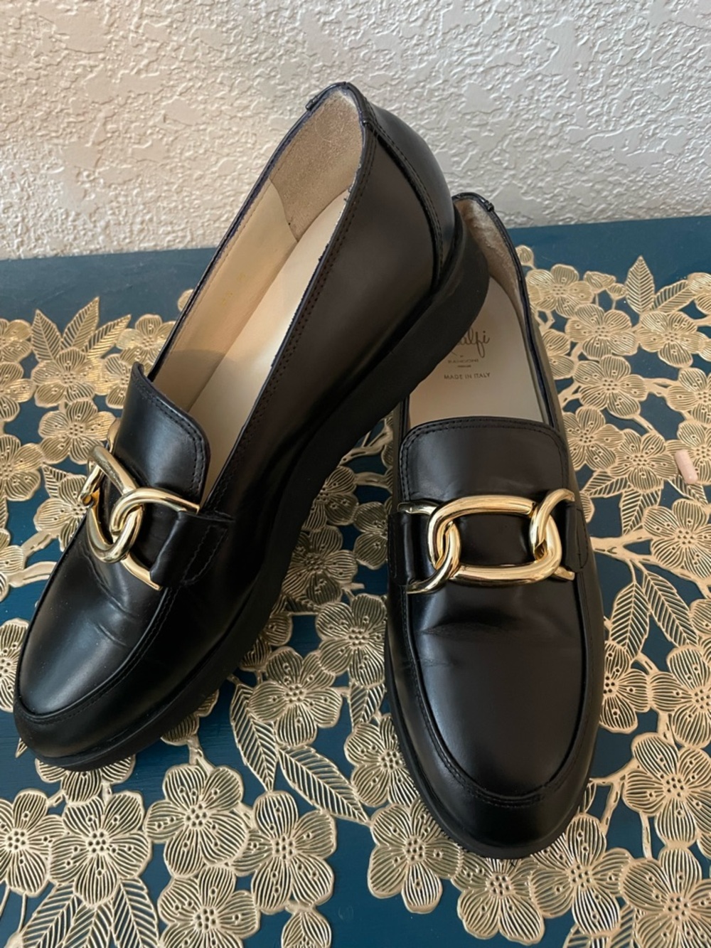 Italian leather black Amalfi loafers with gold chain detail